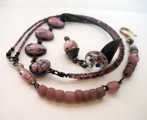 The Nurturer. Dusty Pink Triple Wrap Rustic Assemblage bracelet with spoon and rhodonite.