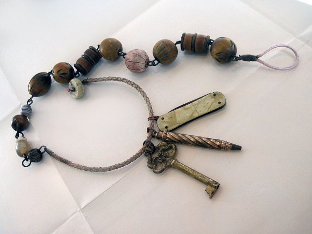 The Mistress. Pale Victorian Tribal Chatelaine with Horn beads, key, pencil, pocketknife.