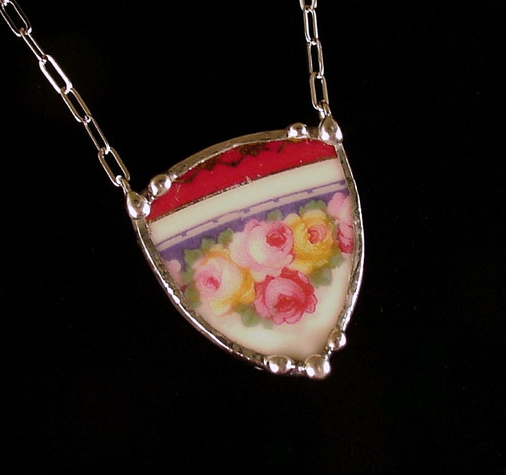 Broken china jewelry necklace rose shield antique porcelain broken plate necklace