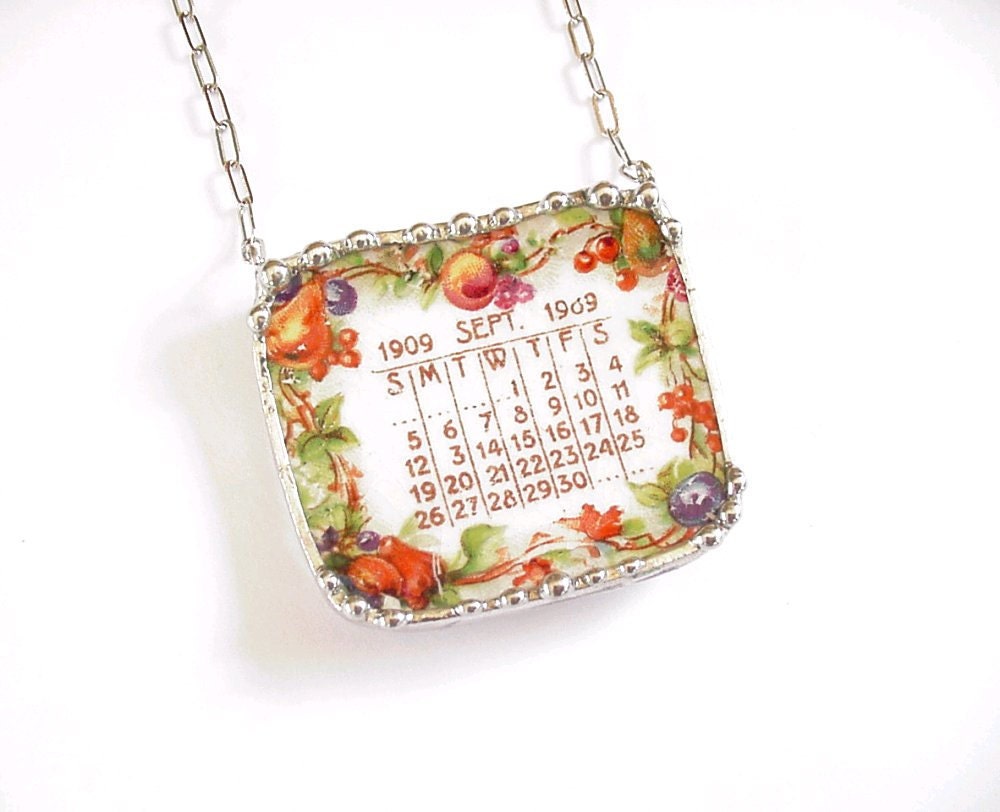 Broken China Jewelry necklace September 1909 antique calendar plate autumn fruits