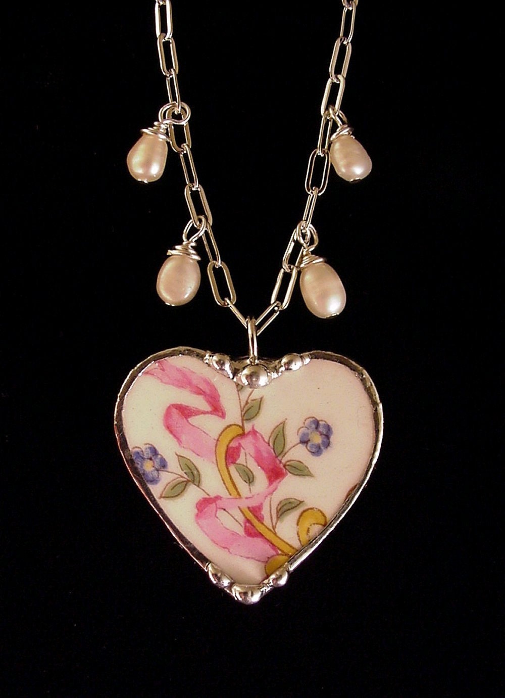 Broken China Jewelry heart pendant necklace forget me nots, pink ribbon, pearls