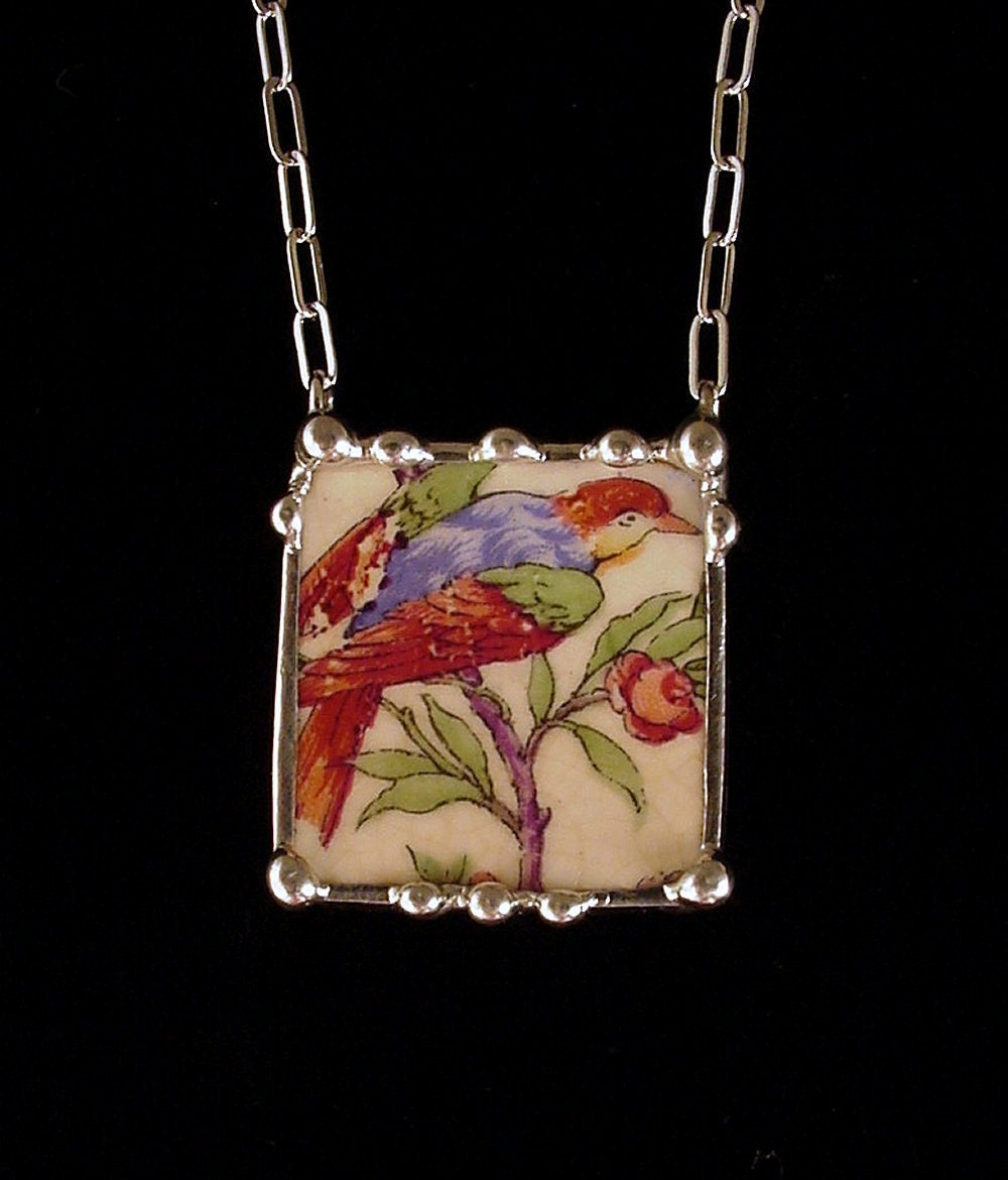 Antique bird of paradise colorful broken plate broken china jewelry necklace