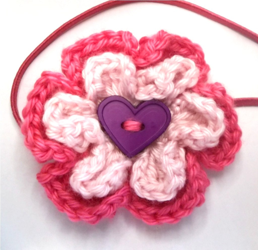 Crocheted Flower Elastic Headband Pink and Purple Heart