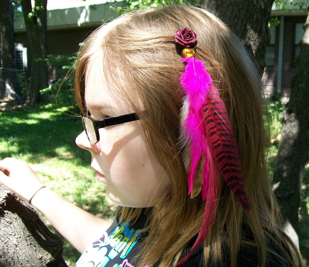 Burgundy Rose Feathered Hair Extension Barrette