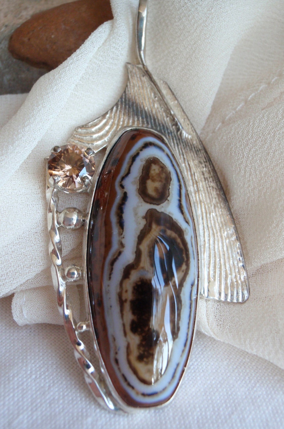 Sterling Silver Brazilian Agate Pendant with Golden Brown Zircon Cuttlebone Cast