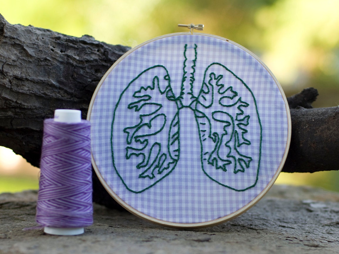 Purple Gingham Lung Anatomical Embroidery Hoop Art