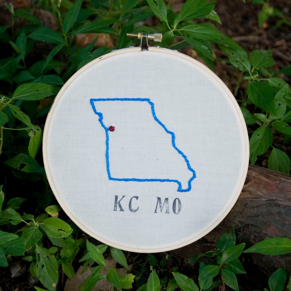 Kansas City, Missouri Map Embroidery Hoop Art. Hand Embroidered.