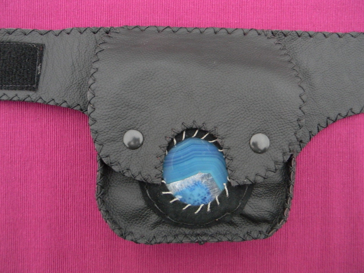 Triple Pouch Leather belt - Burning Man belt - Leather utility belt with Brazilian gemstone
