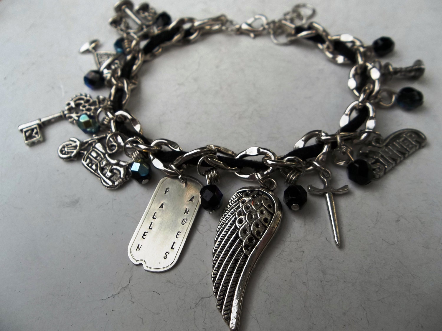 Fallen Angels Full Charm Bracelet Hand Stamped BDB JR Ward Inspired Silver Black