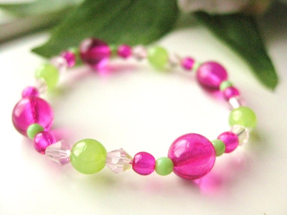 Pink and Green Small Girls Bracelet, Stretch Bracelet, GBS 168