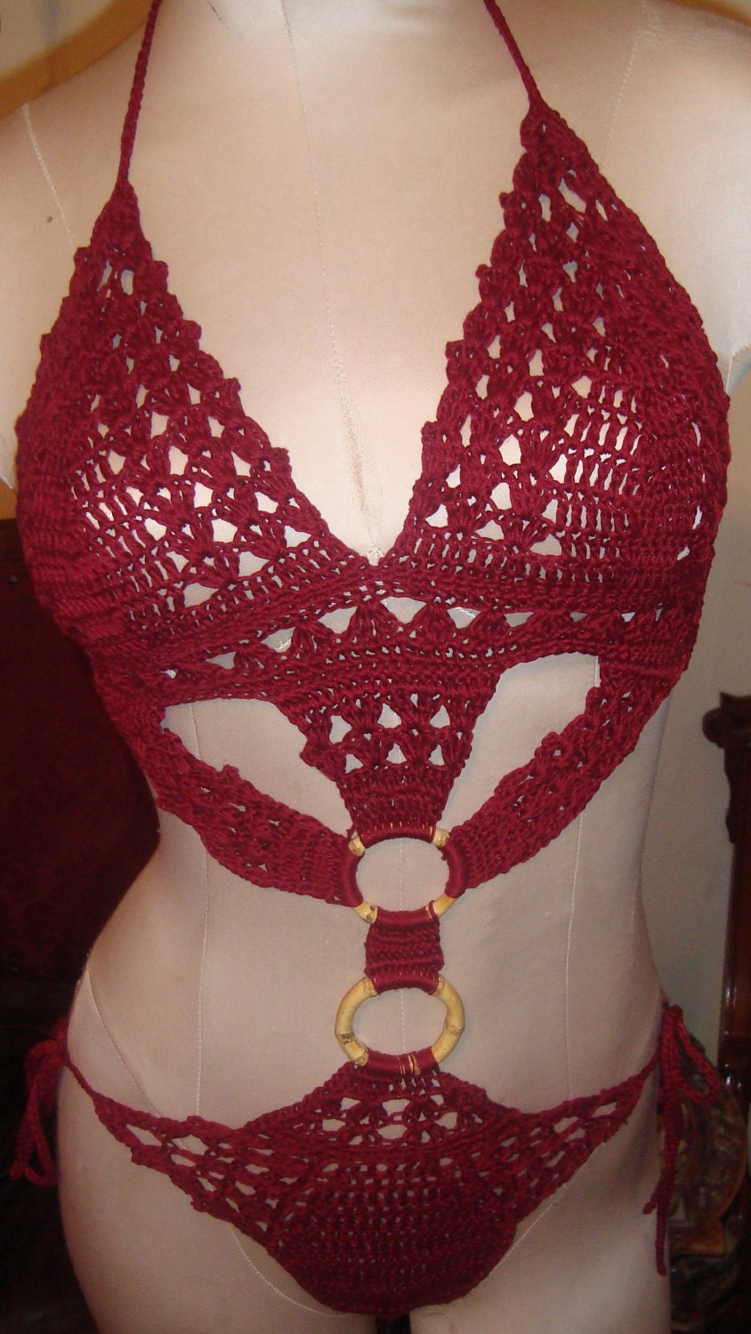 New 2012-Crochet 2 Ring Burgandy 1Pc-Bathing Suit