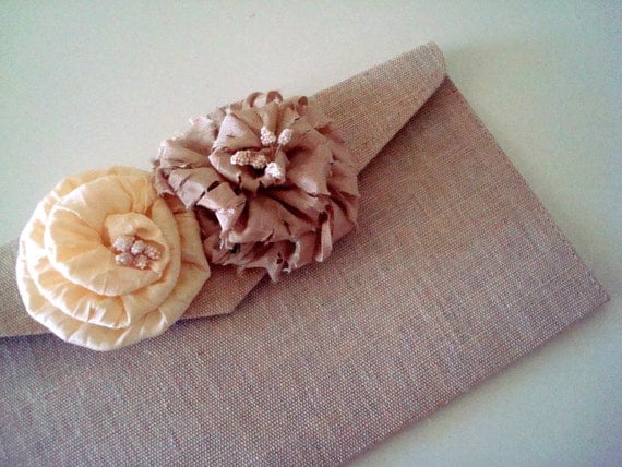 Bridesmaid Clutch - Champagne and Ivory Flowers- Wedding, Formal, Prom - MADE TO ORDER