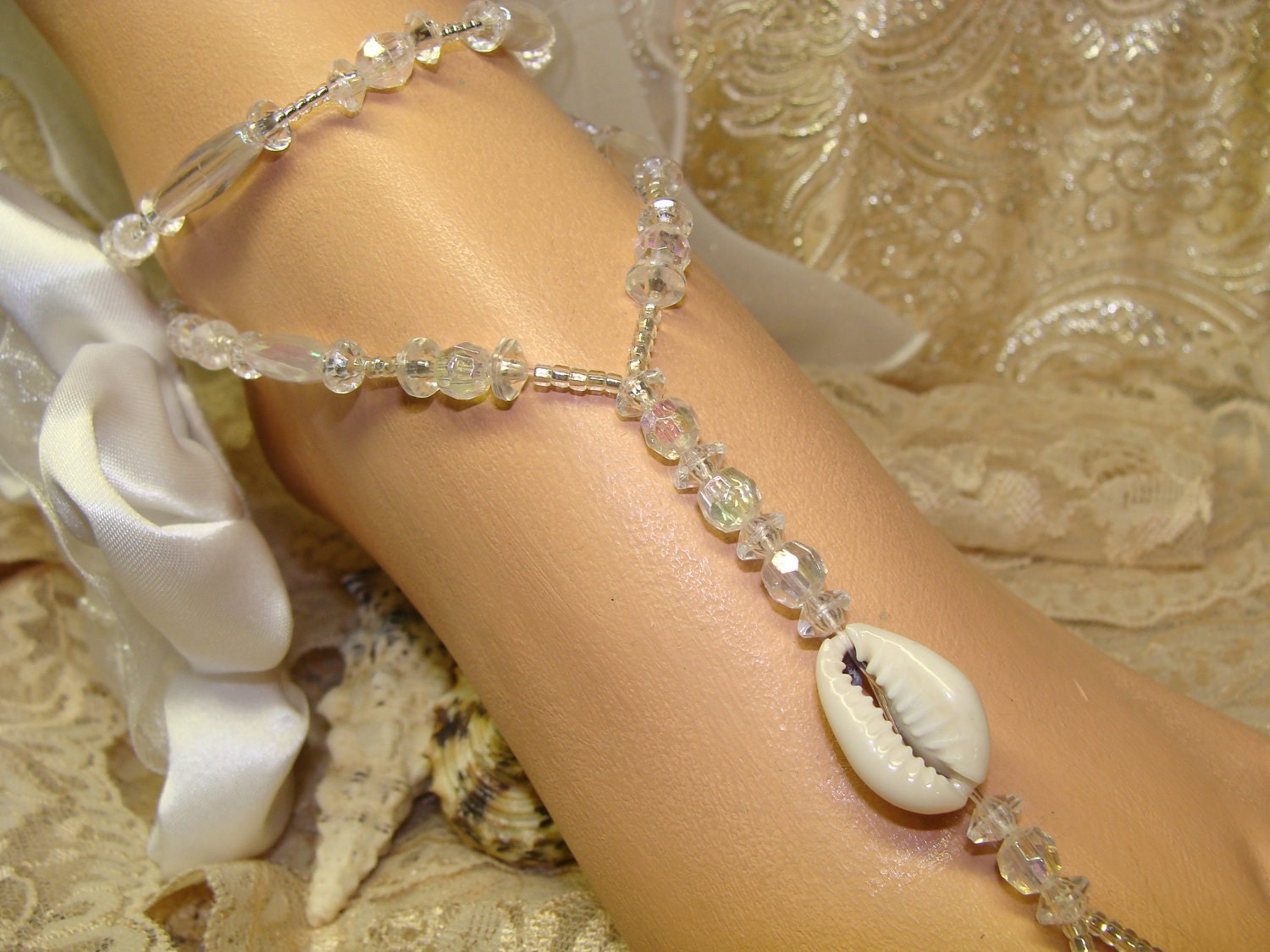 Reflective Cowrie Shell Beach Wedding Barefoot Jewelry Sandals