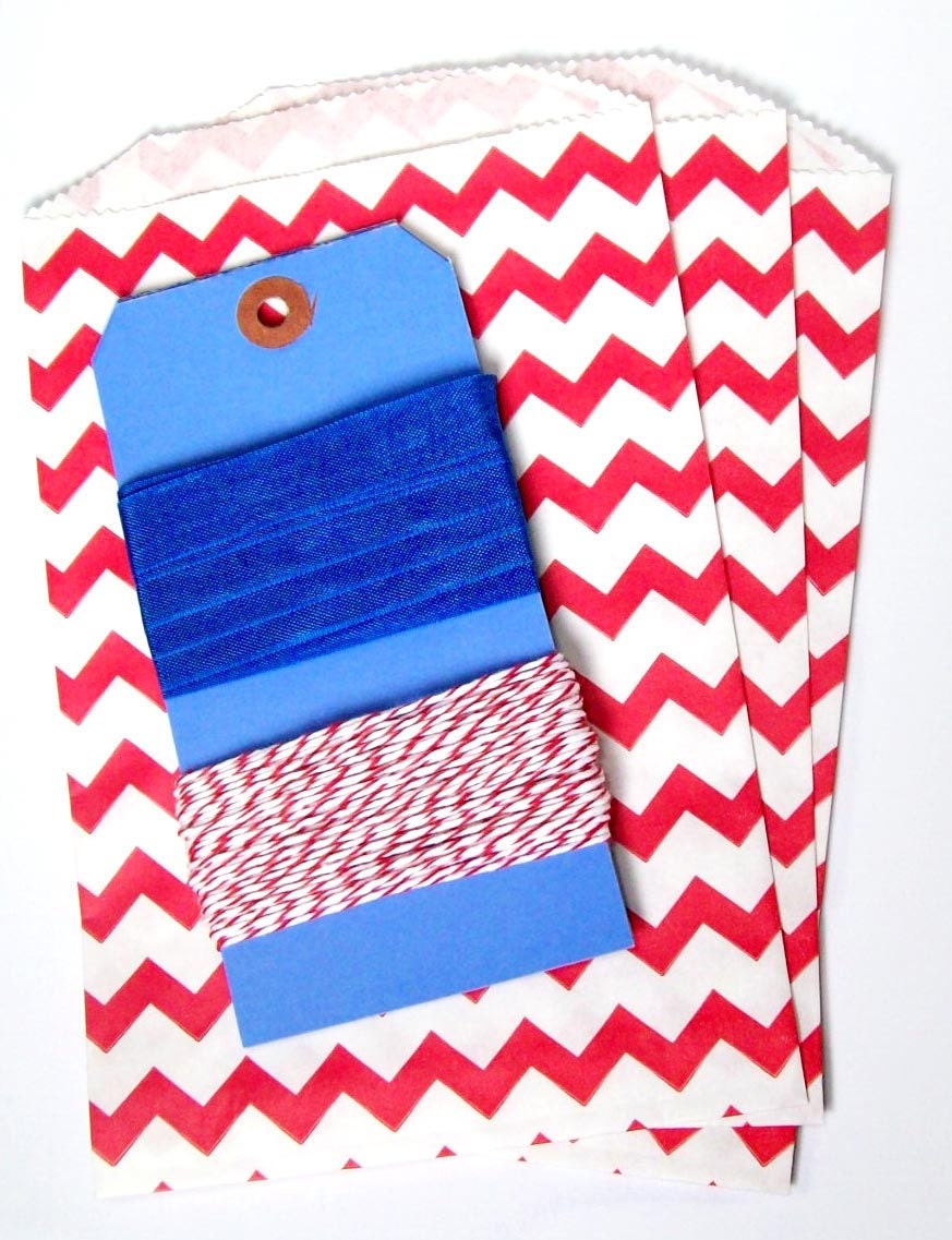Red White and Blue Chevron bag, Twine, and Seambinding set with three blue tags- Happy 4th of July