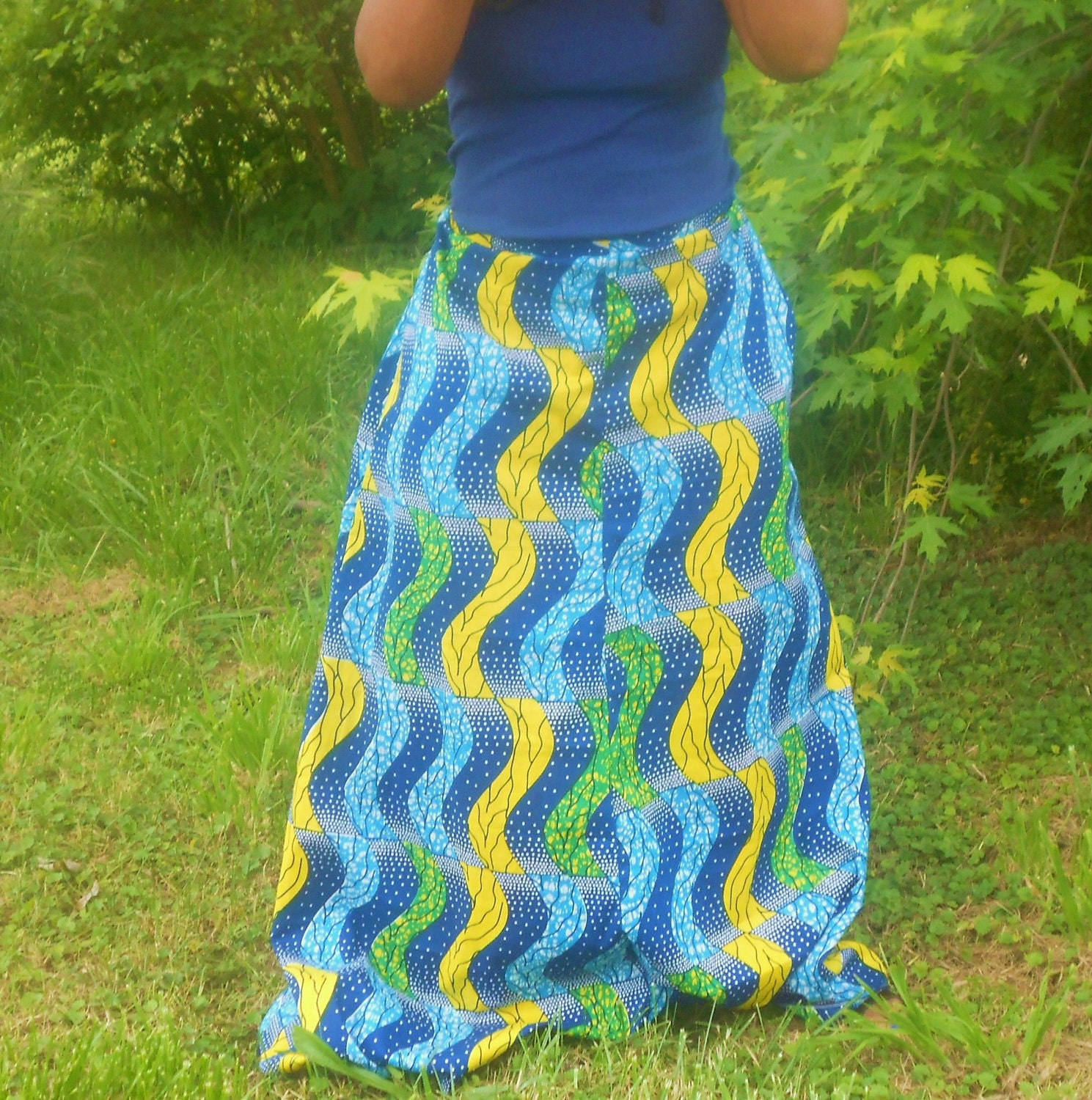 Tailored to Fit Long Blue, Green and Yellow Wax Print Skirt