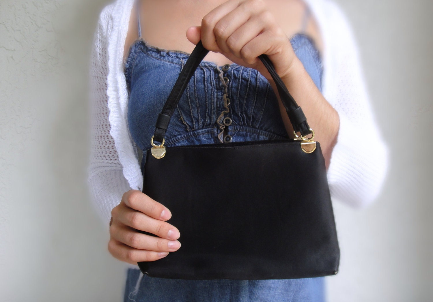 Vintage Formal Black Satin Handbag