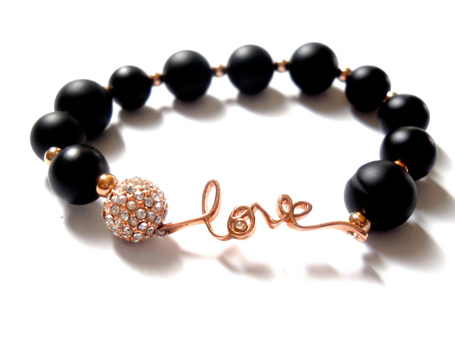 Love bracelet - Rose Gold - "All You Need Is LOVE" Rose Gold love and Black Onyx gemstone Bracelet-Gift for her