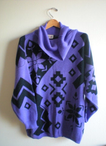 Purple and Black Geometric Shapes Cowl Neck Sweater