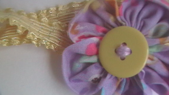 Girls head band handmade fabric flower ooak vintage button cottage shabby chic baby toddler stretchy