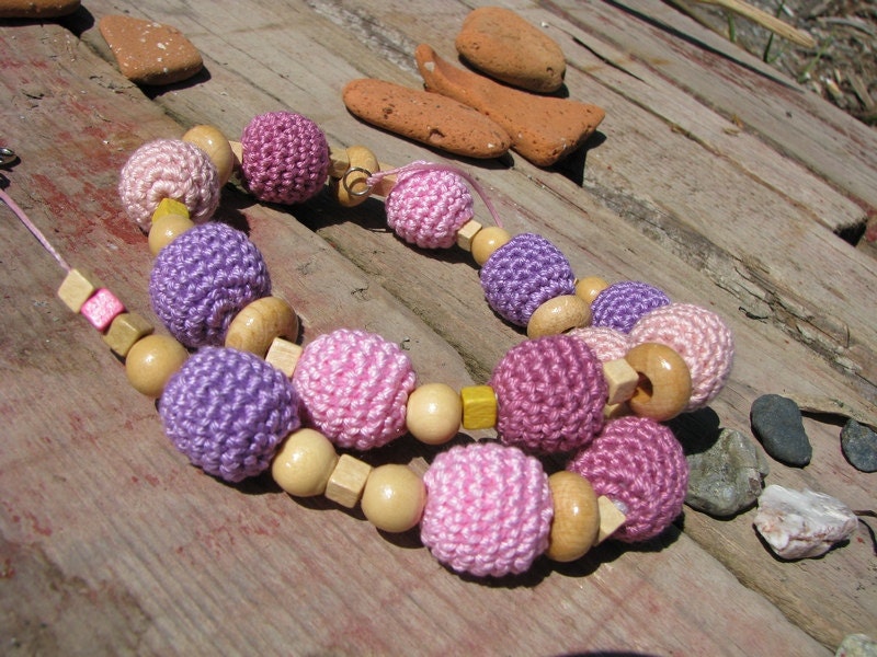 Crochet necklace in pastel colors - pink, sorbet, purple and bordeaux color