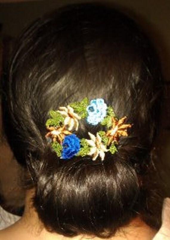 Vintage handmade embroidered flower barrette hair accessory brown blue green flower hair clip