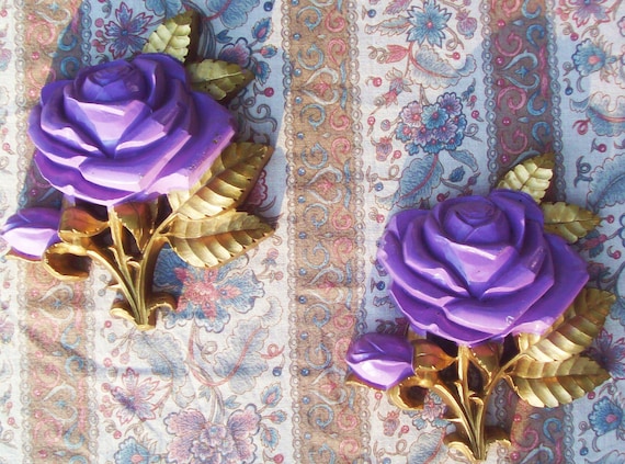 purple shabby chic decor Vintage 1974 Pair of Homco Purple and gold rose wall plaques vintage wall decor shabby chic