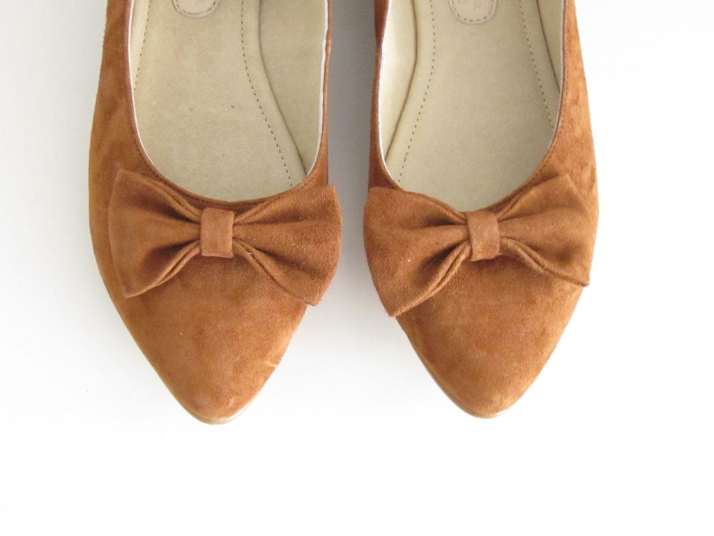 Brown suede leather ankle strap flat pointy shoe with bow