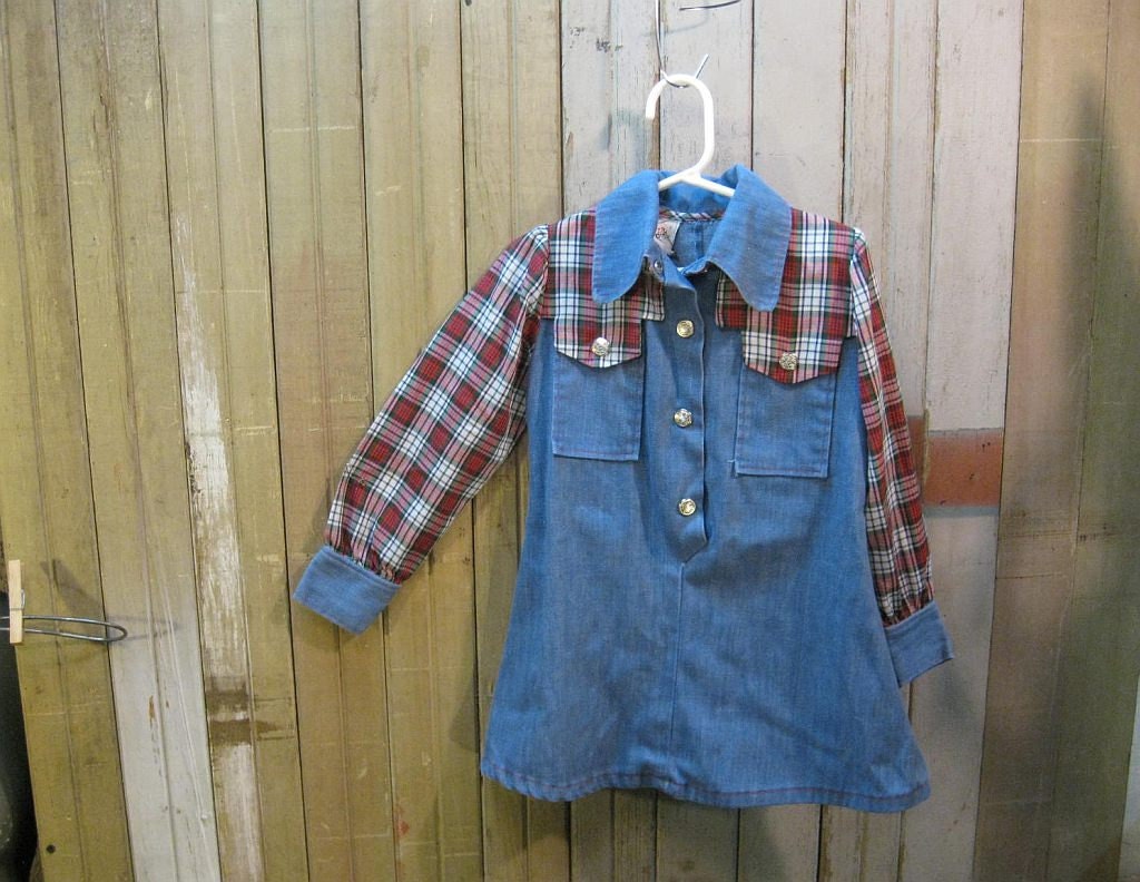 Blue Denim red tartan plaid Girls vintage 70s Cowgirl childrens Dress  S  4