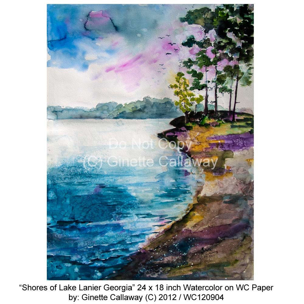 Georgia Lake Lanier Shores in The Morning Original Watercolor 24 by 18 inch by Ginette