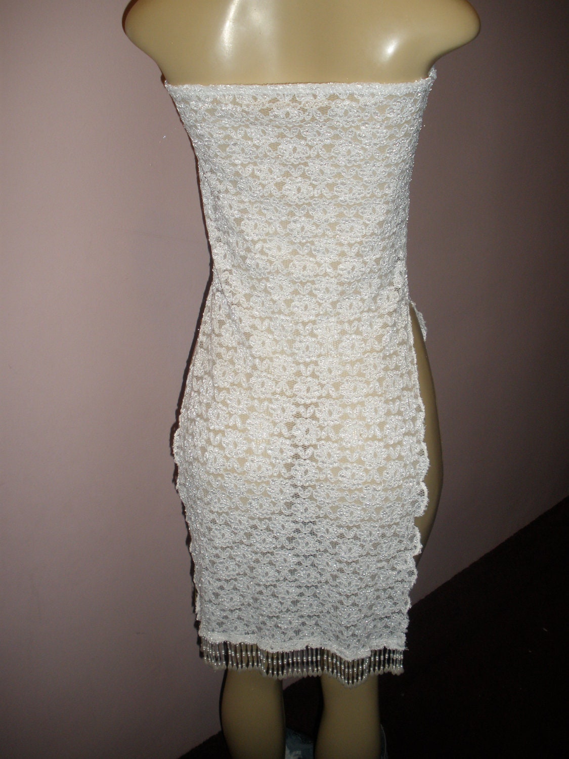 Beautiful White Lace Swim Suit Cover Up with Gorgeous White Dangling Beads Size Meduim