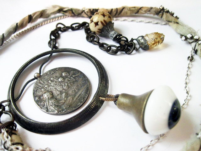 After Many Dark Nights. Cosmic Victorian Tribal Pendant Necklace with Druzy, Virgin Mary, Galaxy Nebula.