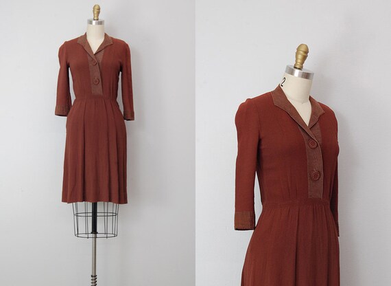 vintage 1940s dress / vintage 40s dress / 1940s brown day dress
