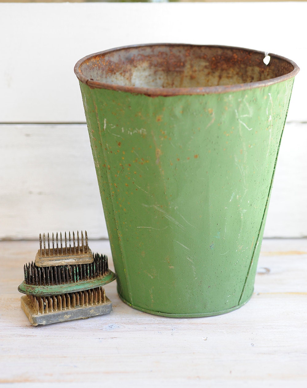 vintage, metal, green, country decor, rustic decor, maple syrup, sap bucket