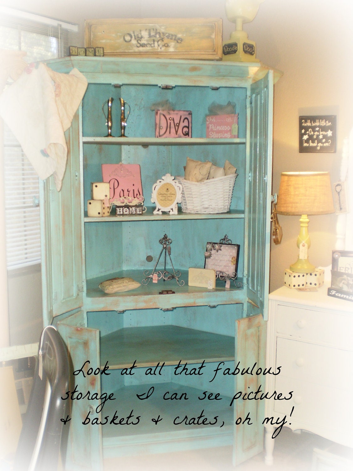 Corner Storage and/or Entertainment Cupboard Shabbied & Distressed - Teal Blue, Red, Tan