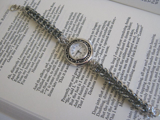 Night Time Chainmaille and Black Czech Glass Bead Watch