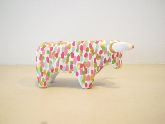 Party Animal Pinata Bull Miniature Figurine in Hand Painted Polymer Clay - fiesta pink, green, gold