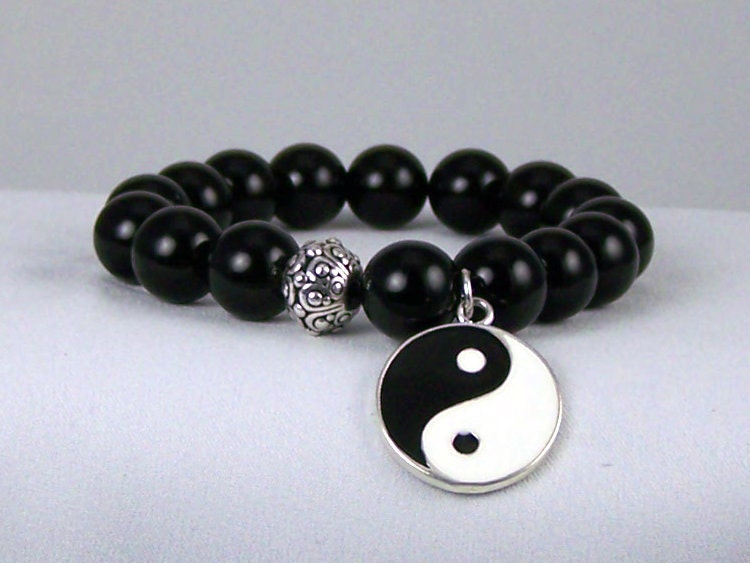 Stretchy Bracelet, Black Onyx with Peace Charm, Meditation Bracelet, Yoga Inspired, Stretch Bracelet, Free Shipping