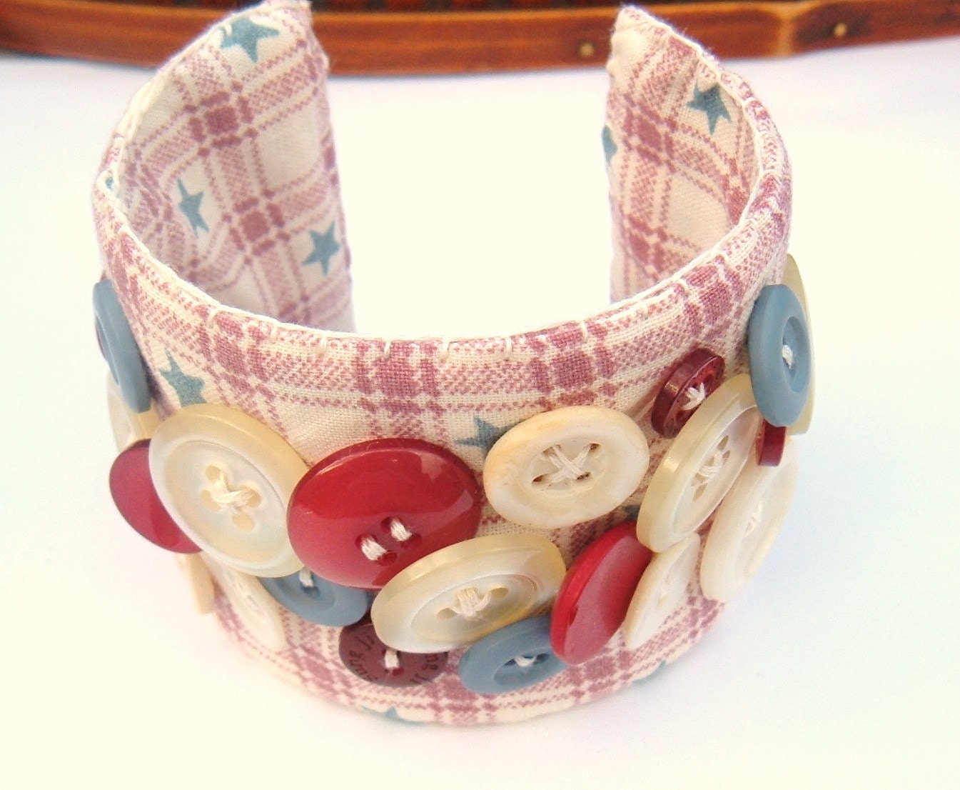Fabric Cuff Handmade OOAK Bracelet stars stripes and vintage buttons