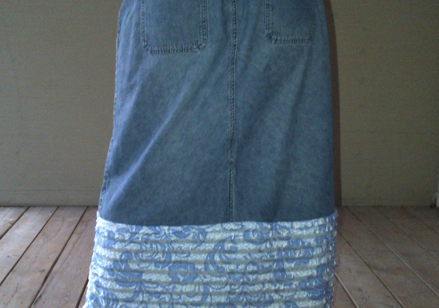 Long Jean Skirt With Blue and White Ruffles