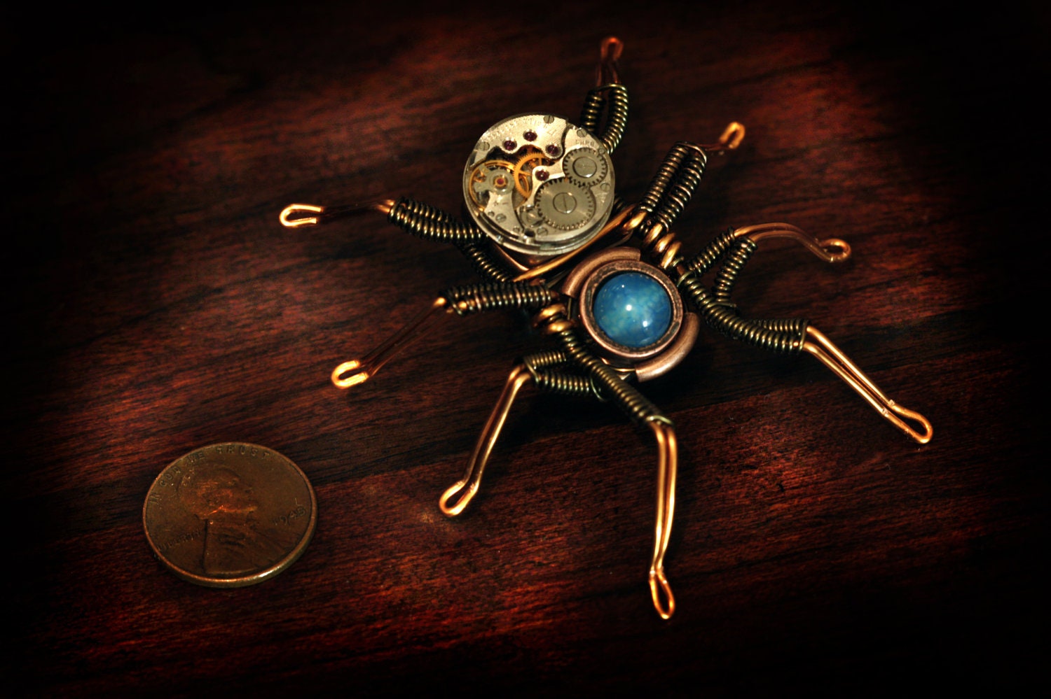 Steampunk Spider Lapel pin Sculpture with blue dragon veins agate and antique watch movement