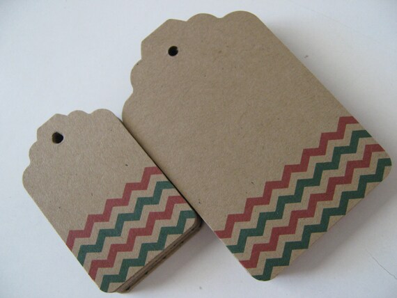 Chevron Christmas Holiday Tags for Gifts, Favors, Scrapbooking, or Paper Crafts-  Set of 200 - 2 Sizes - Red & Green on Kraft Brown