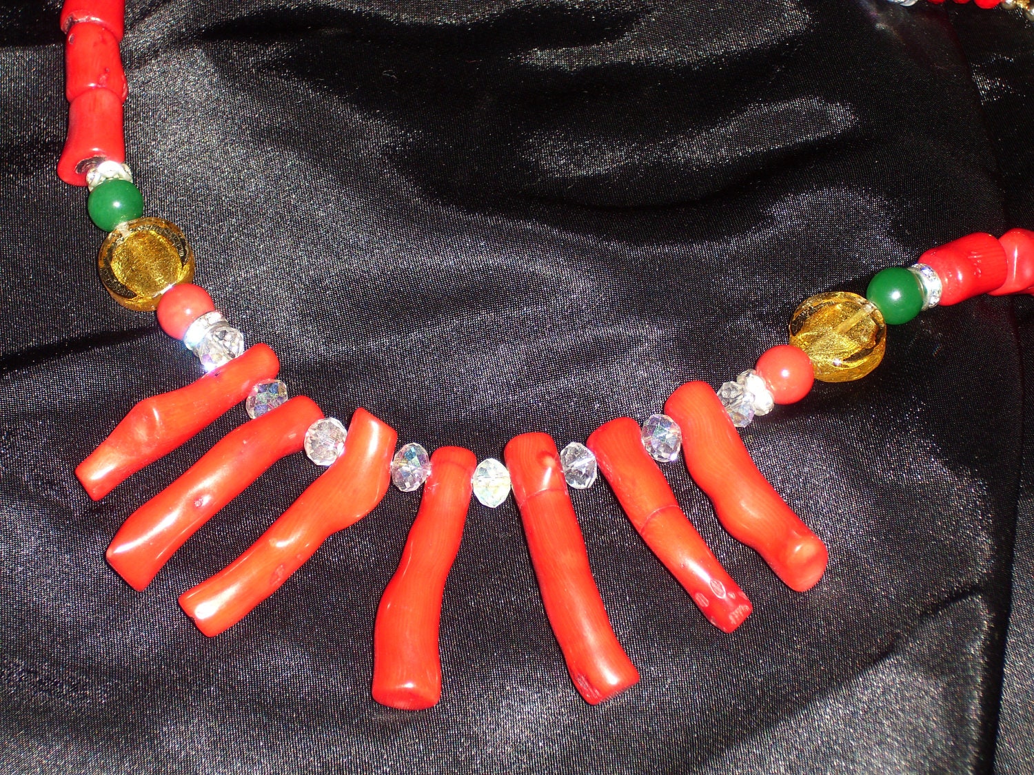 Red Corral, Crystal Beaded Necklace with Ethiopian Colors