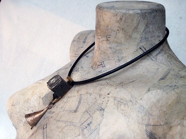 Our Love of Emptiness. Urban Primitive Rustic Choker with Pyrite Cube and Tribal Bell.