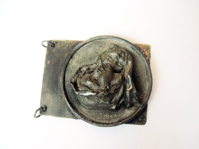 Maria. Antique Carved Medal and Brass Pendant. Religious Token.