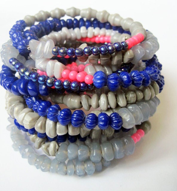 A River. Mod Bangle Stack in grey, cobalt blue and neon pink.