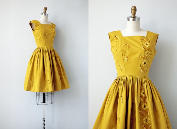 vintage 1950s dress / vintage 50s dress / marigold embroidered party dress