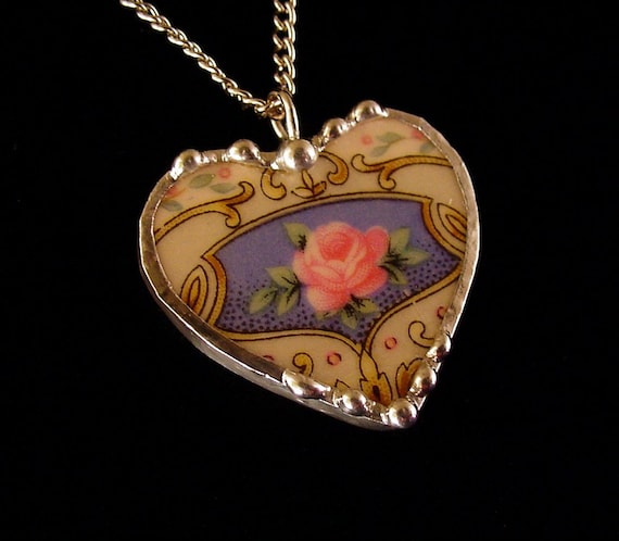Broken china jewelry heart shaped necklace pendant Victorian pink rose with blue design