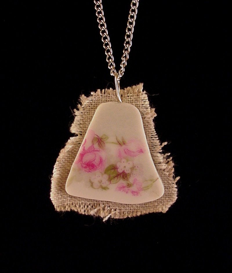 Broken china jewelry shard and linen pendant necklace pink roses