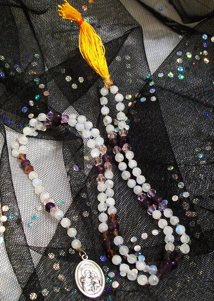 Saint Joseph Rosary Rainbow Moonstone, and Amethyst Prayer Bead Necklace