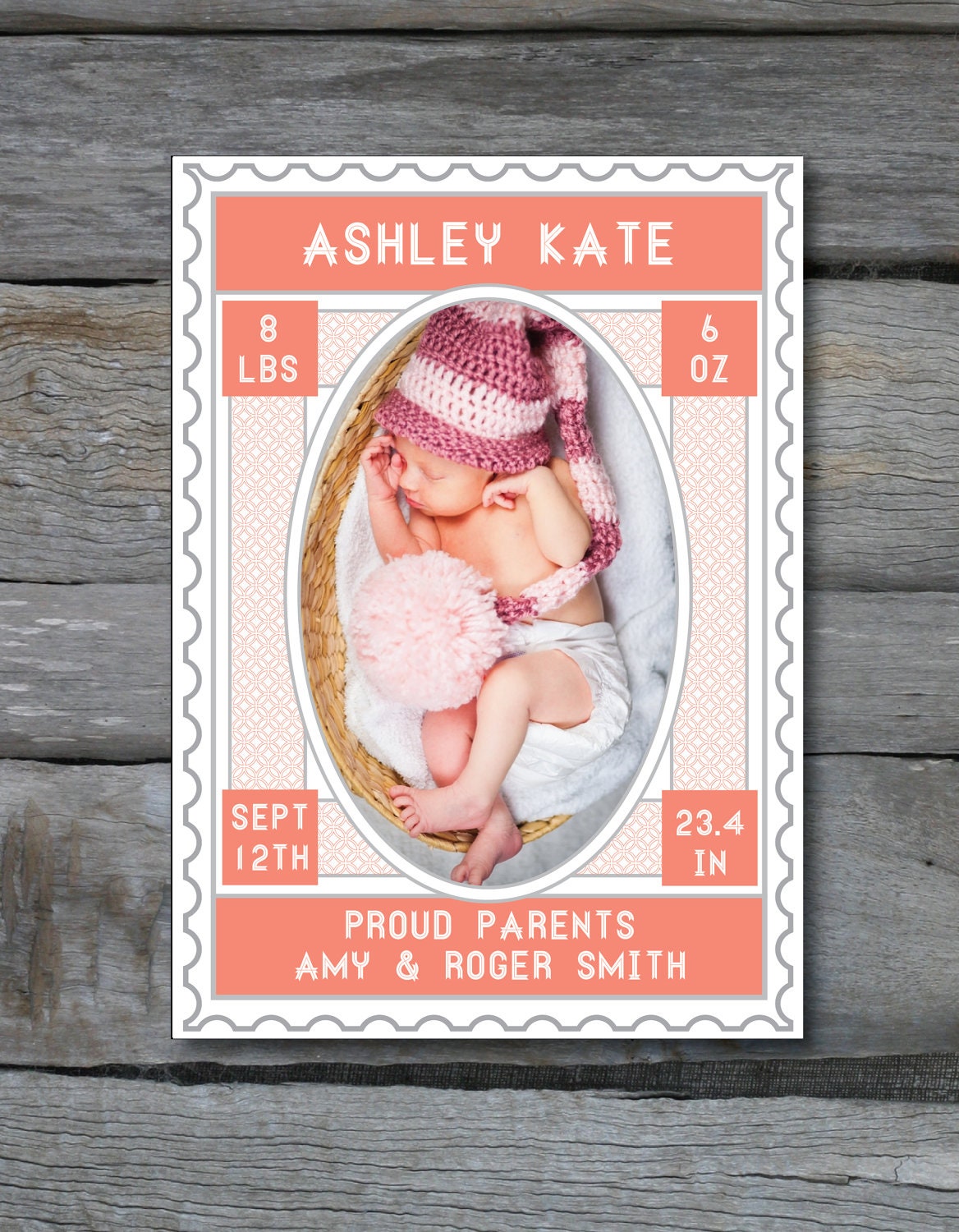Vintage Stamp Inspired Birth Announcement PHOTO CARD in Pink Blue Coral and Navy - Digital File